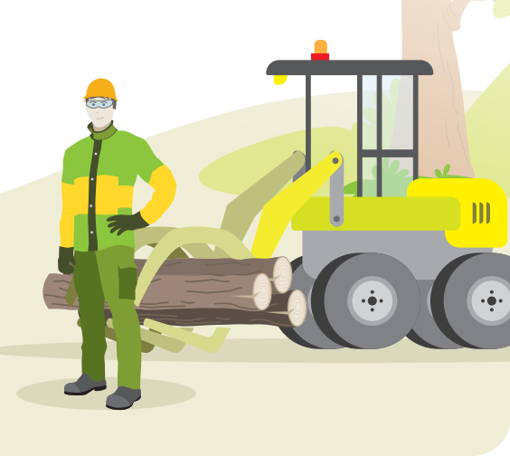 Ilustración dunha persoa traballadora do sector forestal equipada con casco, lentes de protección, luvas e roupa de alta visibilidade, situada xunto a unha máquina forestal cargando troncos nunha contorna de monte. A escena representa os traballos forestais con maquinaria e a importancia da prevención de riscos e das medidas de seguridade durante a época de alto risco de incendios.