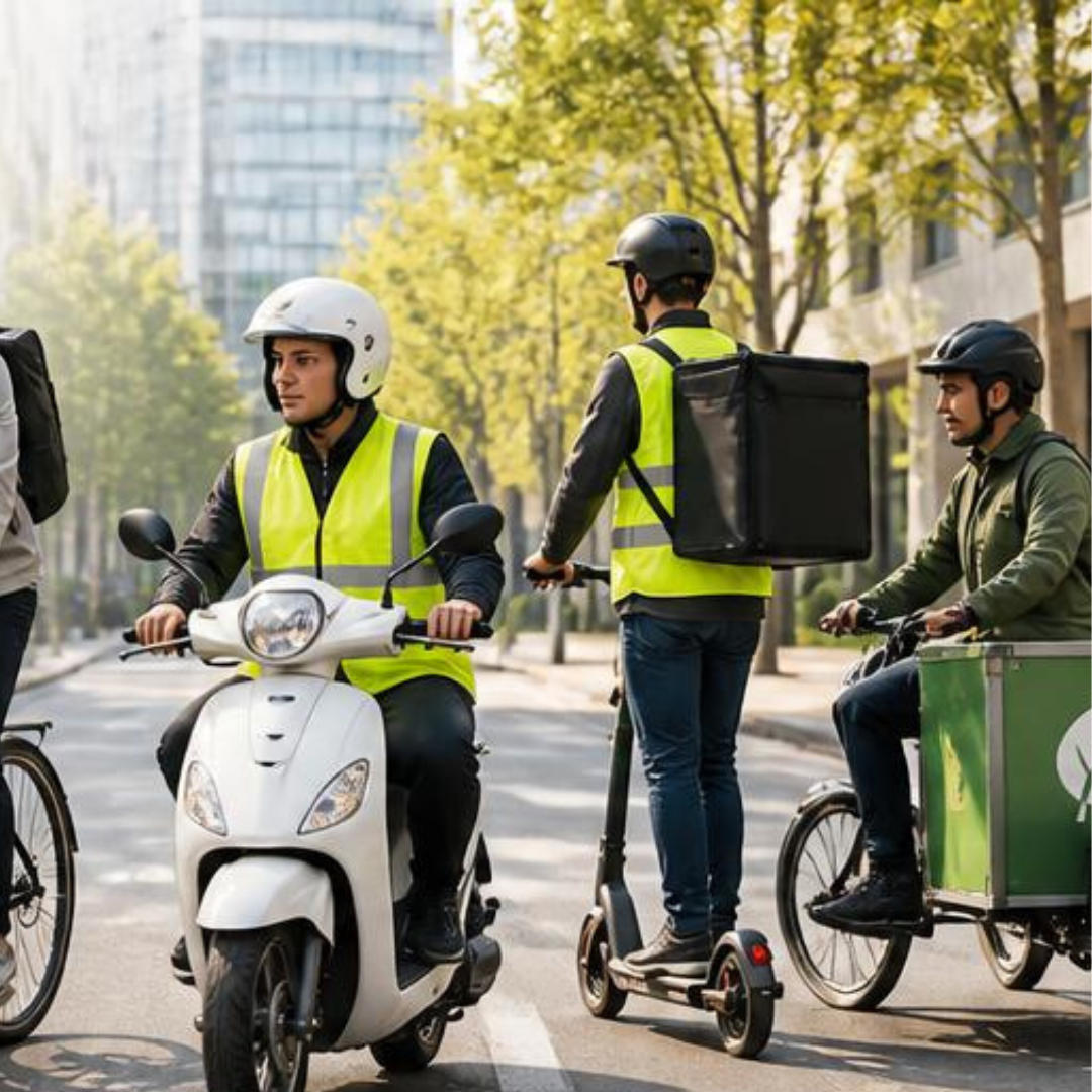 Persoas traballadoras desprazándose por unha rúa urbana en distintos medios de transporte: unha bicicleta, un ciclomotor, un vehículo de mobilidade persoal (VMP) e unha bicicleta de carga. Todas empregan casco e algunhas levan chaleco reflector, representando as medidas de protección na mobilidade laboral e a prevención de riscos viarios.