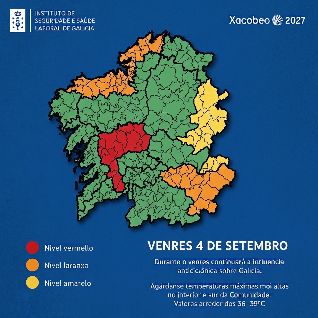 imaxe do mapa de galicia coas zonas da  comunidade afectadas pola alerta de calor