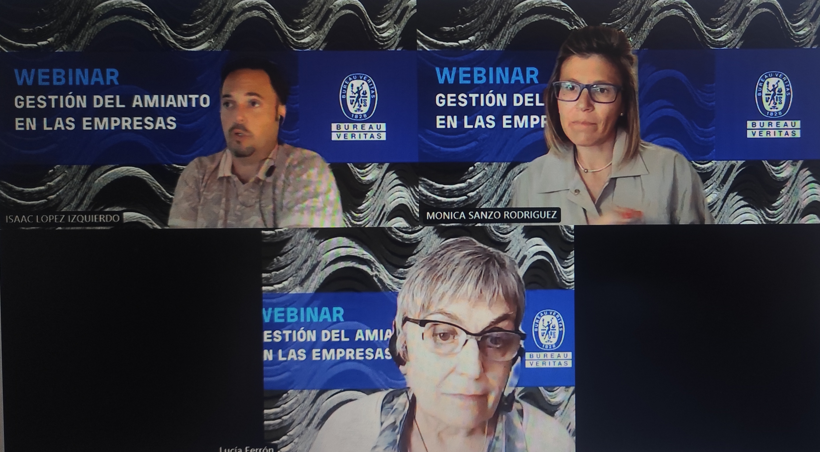 Ponentes identificados con sus nombres, sobre un fondo corporativo azul con el título “Webinar: Gestión de él Amianto en lanas Empresas” y el logotipo de Bureau Veritas.
