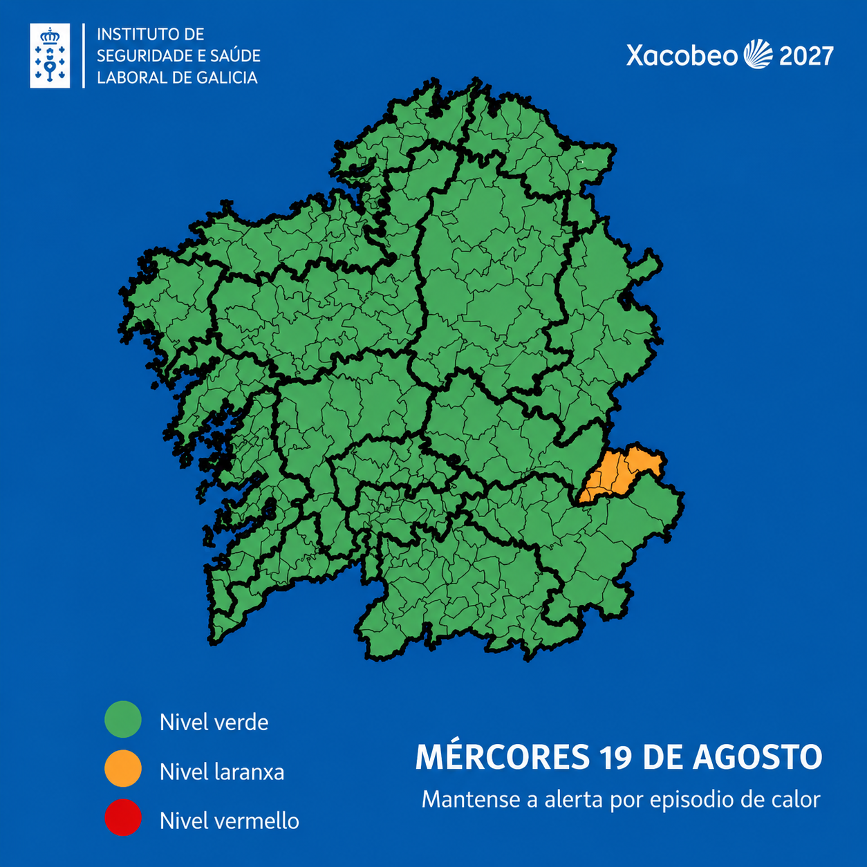 imaxe do mapa de galicia coas zonas da  comunidade afectadas pola alerta de calor