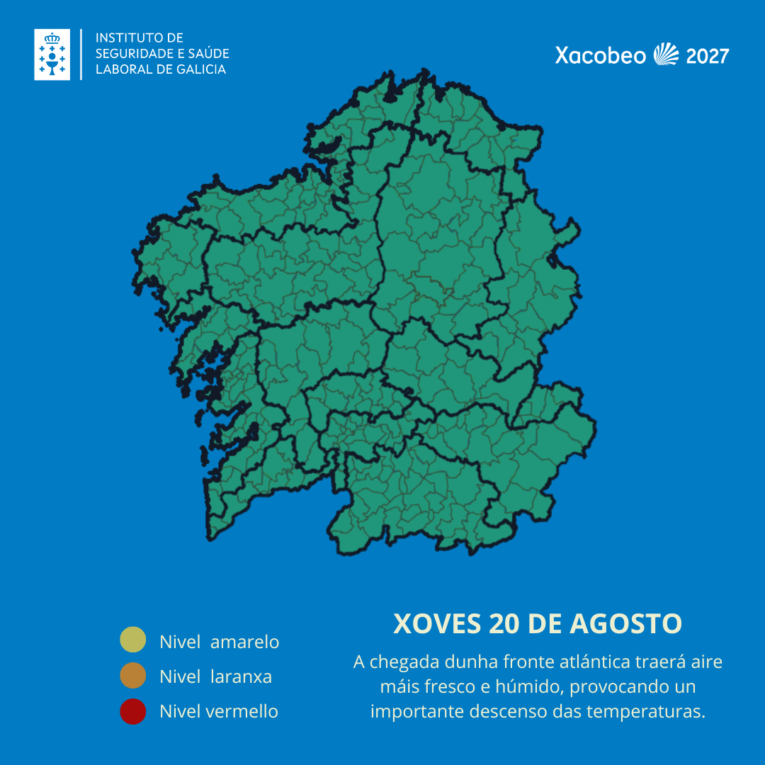 imaxe do mapa de galicia coas zonas da  comunidade afectadas pola alerta de calor