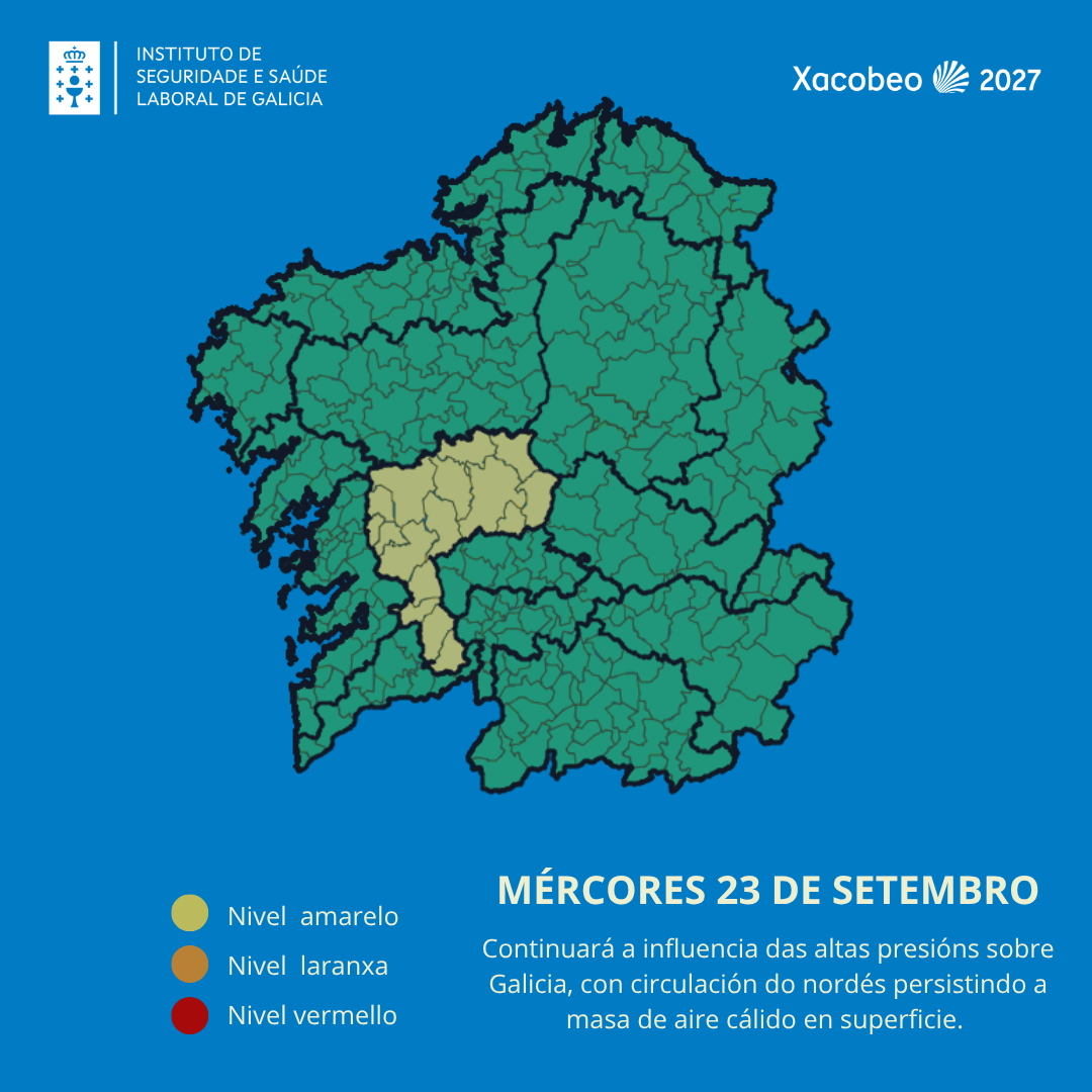 imaxe do mapa de galicia coas zonas da  comunidade afectadas pola alerta de calor
