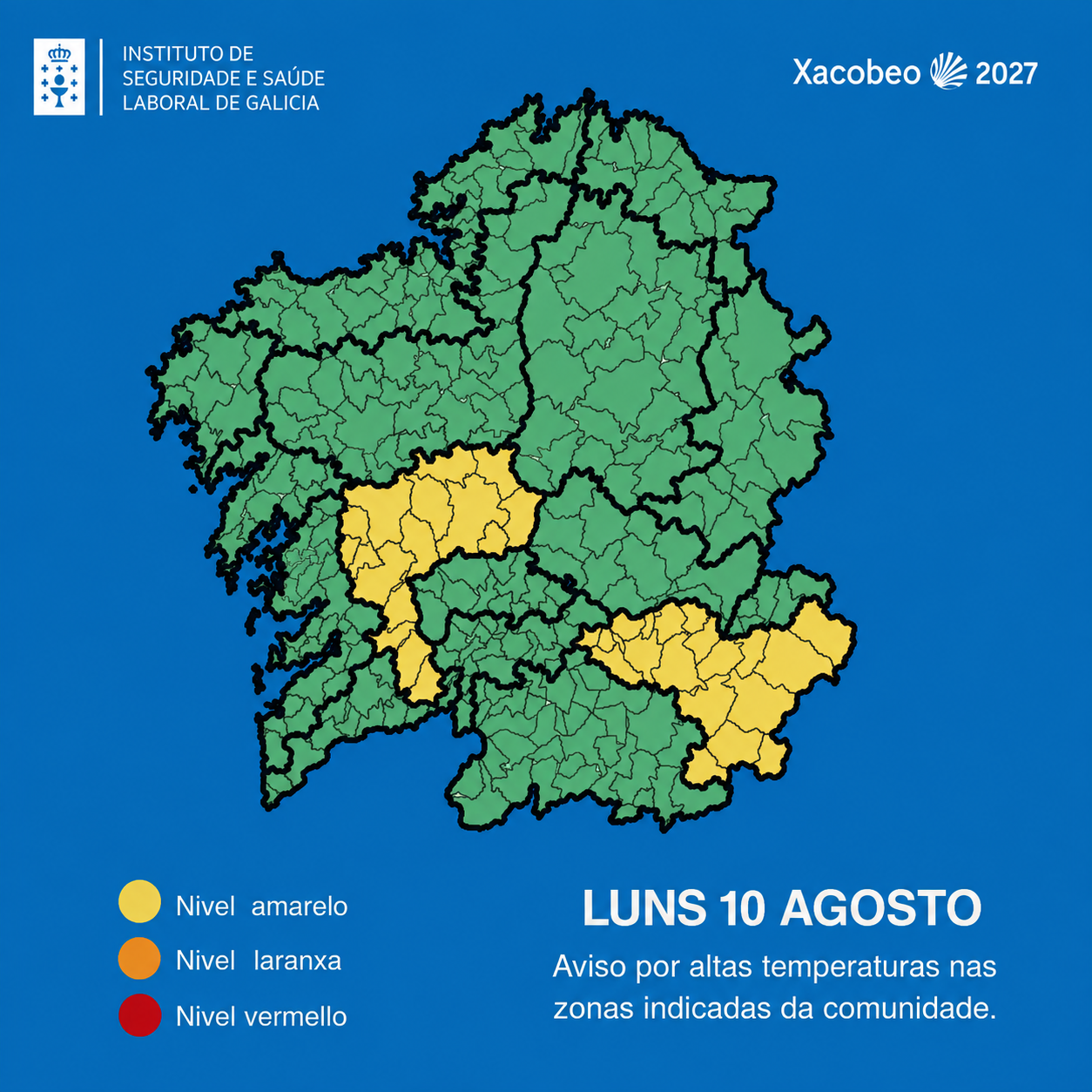 imagen del mapa de Galicia con las zonas de la   comunidad afectadas por la alerta de calor