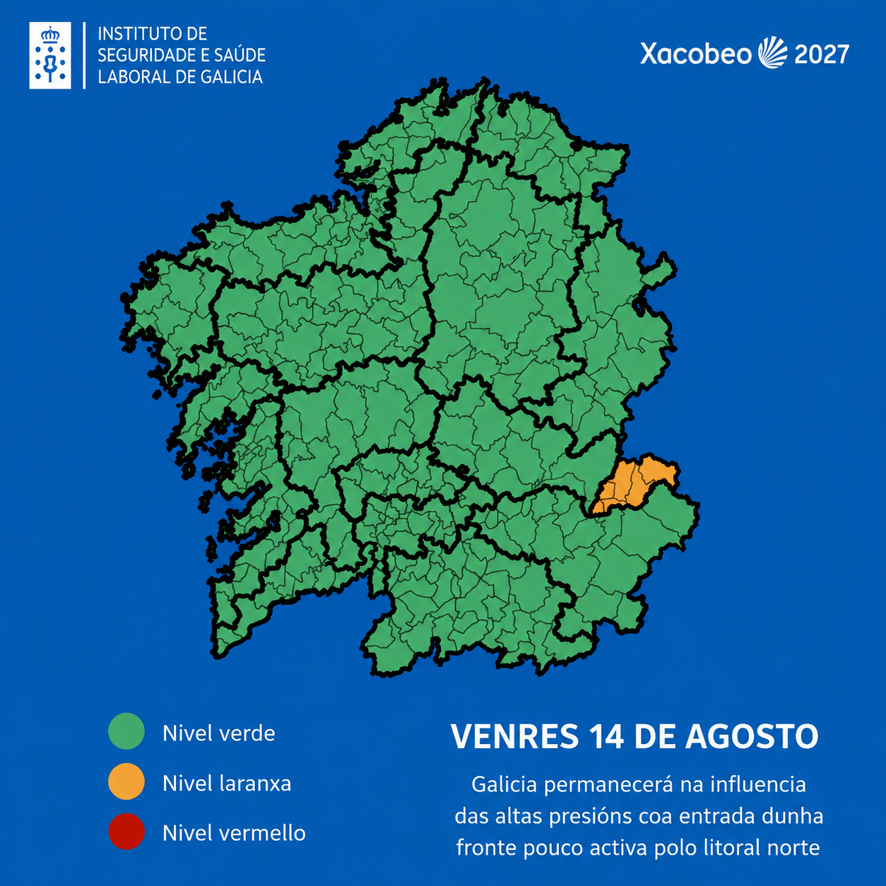 imaxe do mapa de galicia coas zonas da  comunidade afectadas pola alerta de calor