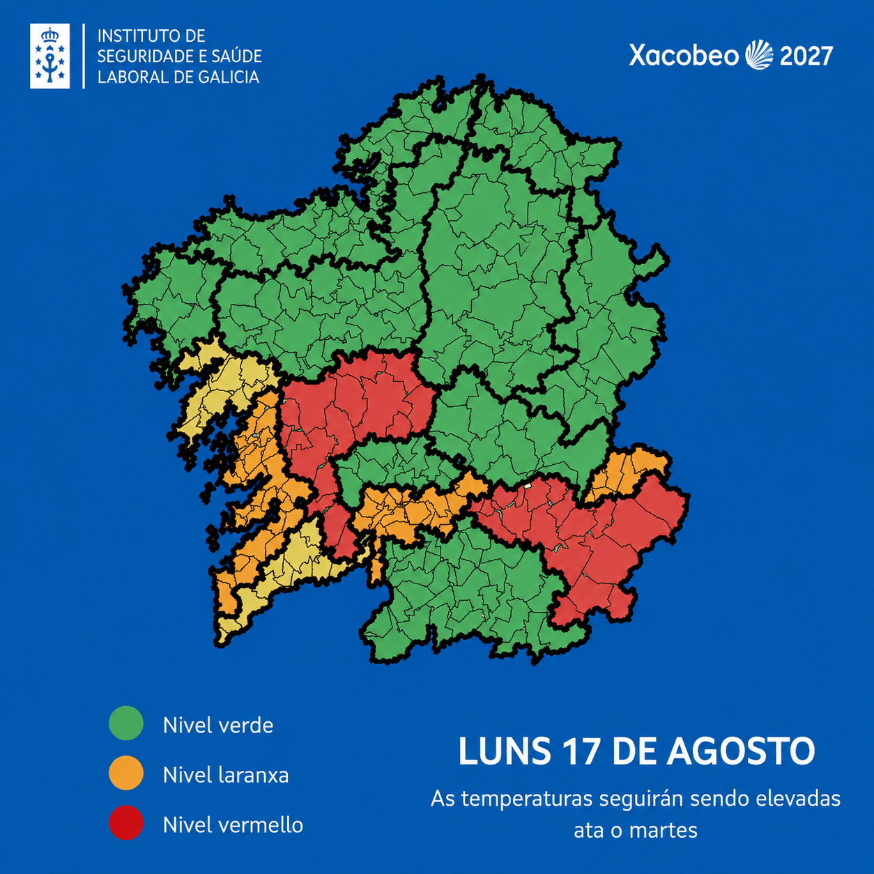 mapa da comunidade coas zonas isoclimáticas  afectadas polo episodio de calor