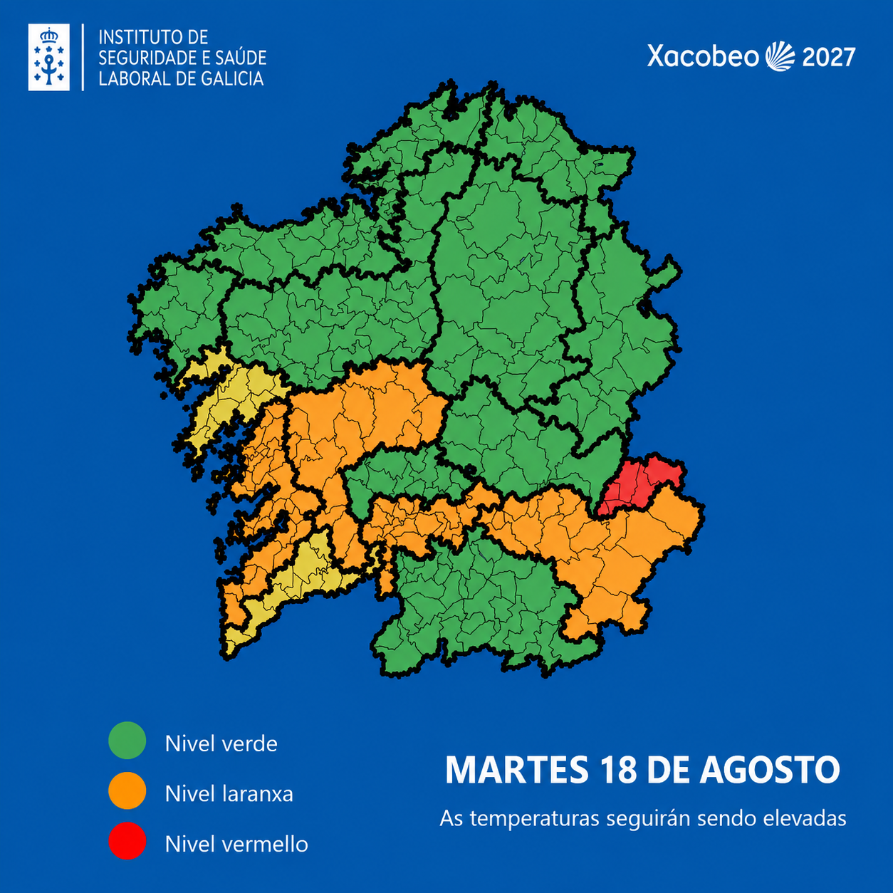 mapa da comunidade coas zonas isoclimáticas  afectadas polo episodio de calor